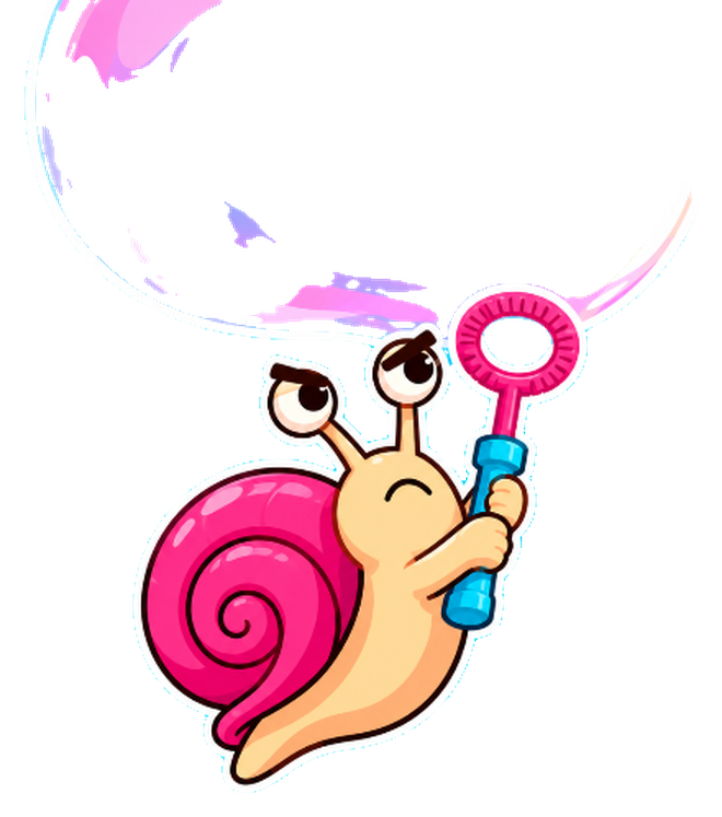 Bubble Trouble, a determined pink-shelled snail gripping a bubble wand beneath a huge iridescent bubble