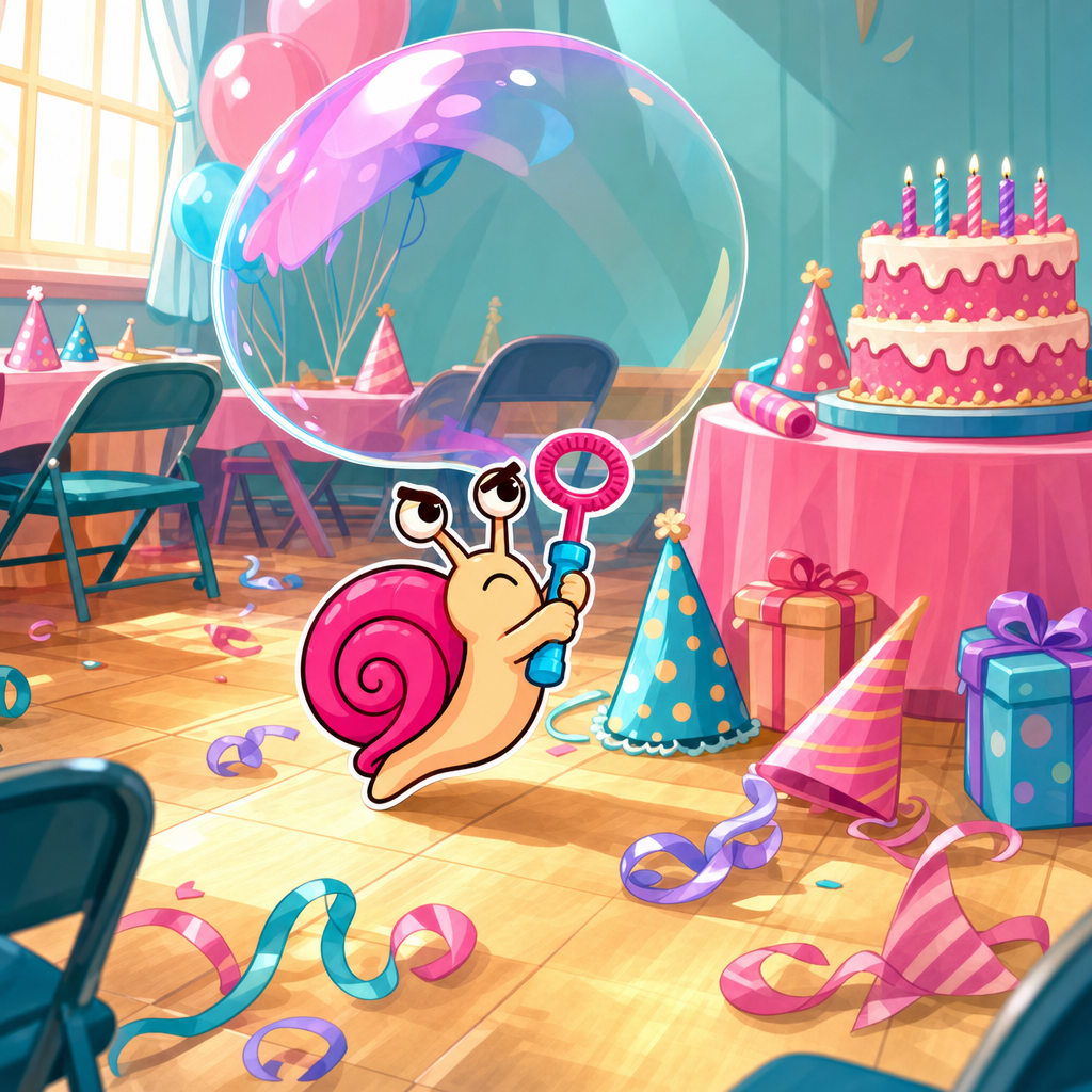 The snail with its bubble wand inside a birthday party room with a pink cake, balloons, folding chairs and party hats